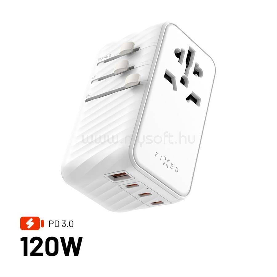 FIXED Voyager utazó adapter 3xUSB-C/1xUSB GaN 120W (fehér)