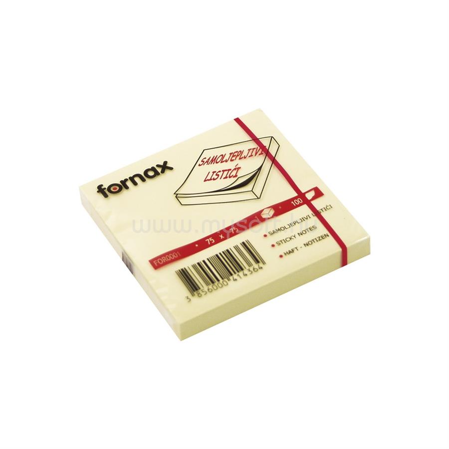 FORNAX Jegyzettömb öntapadó, 75x75mm, 100lap, Fornax, sárga