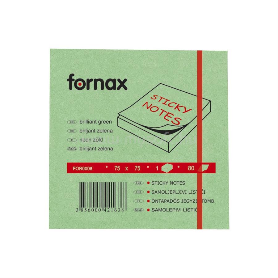 FORNAX Jegyzettömb öntapadó, 75x75mm, 80lap, neon zöld