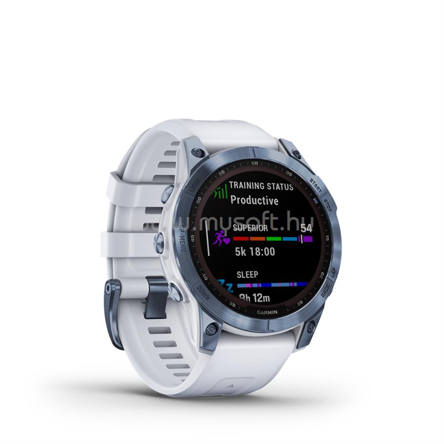 GARMIN fenix 7 okosóra Sapphire ásványkék Ti homokkő színű szilikon szíjjal (Solar)