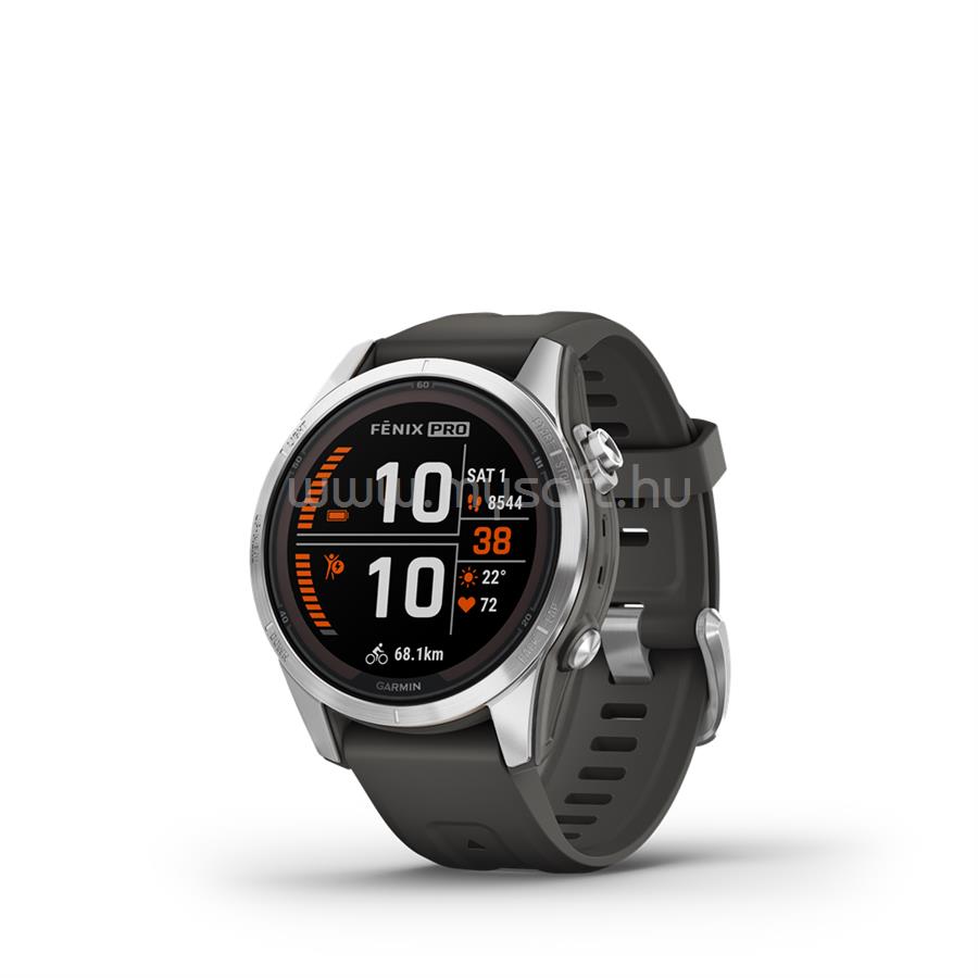 GARMIN fenix 7S Pro Solar ezüst okosóra grafitszürke szilikon szíjjal