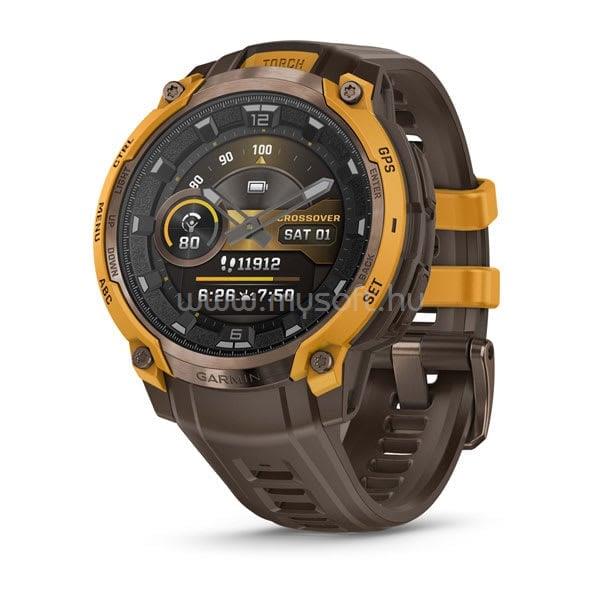 GARMIN Instinct Crossover AMOLED bronz/sárga, kakaóbarna szilikon szíjjal
