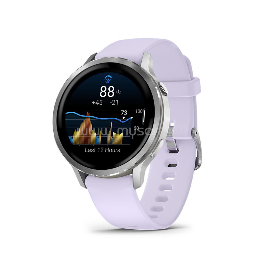 GARMIN Venu 4 41 mm okosóra mályvaszínű szilikon szíjjal (ezüst)