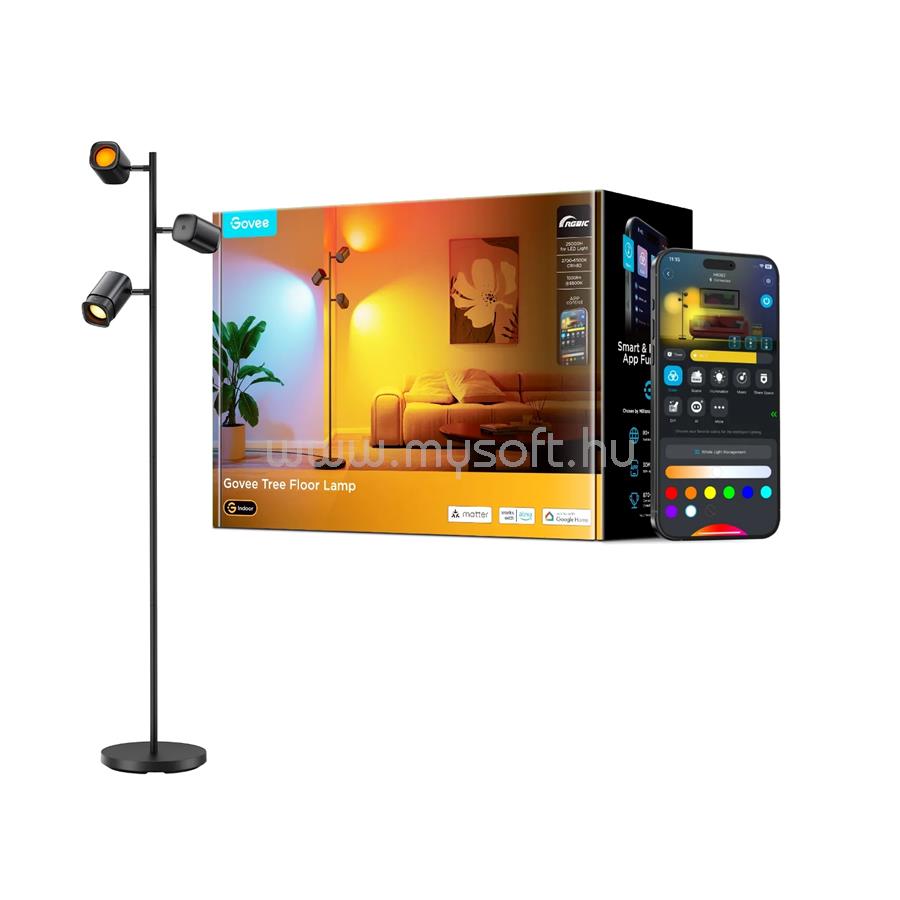 GOVEE Tree Floor Lamp Okos RGBWWIC állólámpa, Bluetooth, hangvezérlés, Alexa, Google Assistant, Matter,