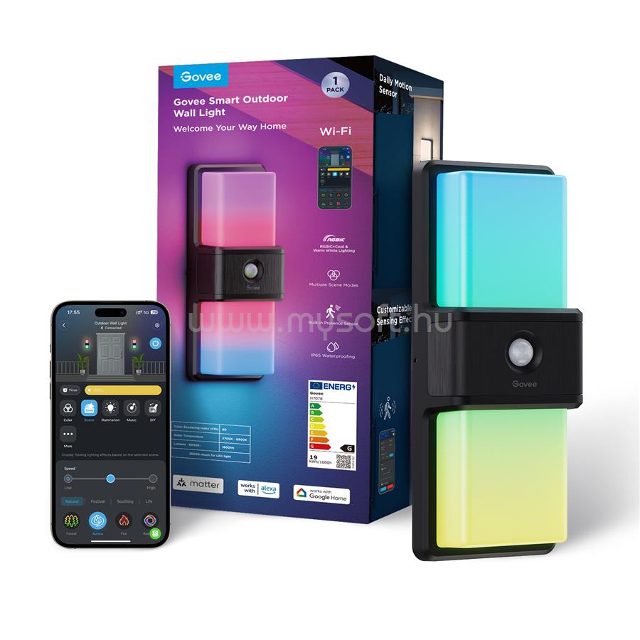 GOVEE Wi-Fi Smart kültéri LED fali lámpa Bluetooth és WiFi csatlakozással mozgásérzékelővel