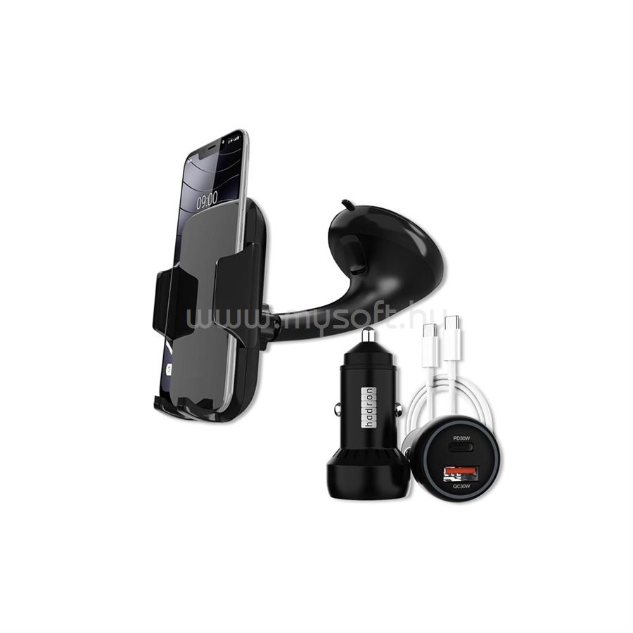 HADRON autós mobiltelefon tartó, 4"-7"-os készülékekhez, 60W-os 2xUSB szivargyújtó gyorstöltő és USB-C kábel
