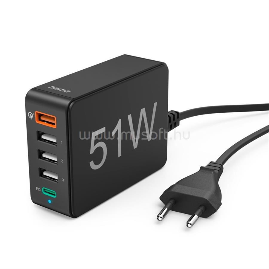 HAMA 201630 FIC 3 51W 5 PORT (1xQC3.0, 3xUSB-A, 1xUSB-C PD) hálózati töltő
