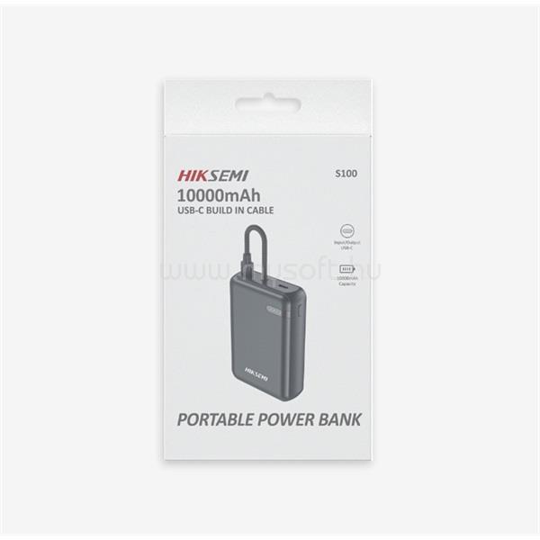 HIKSEMI Hikvision Akkubank - 10000mAh S100 PowerBank (2db Type-C, Beépített kábel, Output 20W max.) Szürke