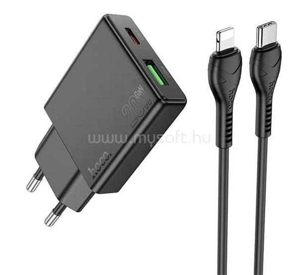 HOCO HOCO N38 hálózati töltő USB+Type-C aljzat 20W, vékony + lightning kábel, FEKETE