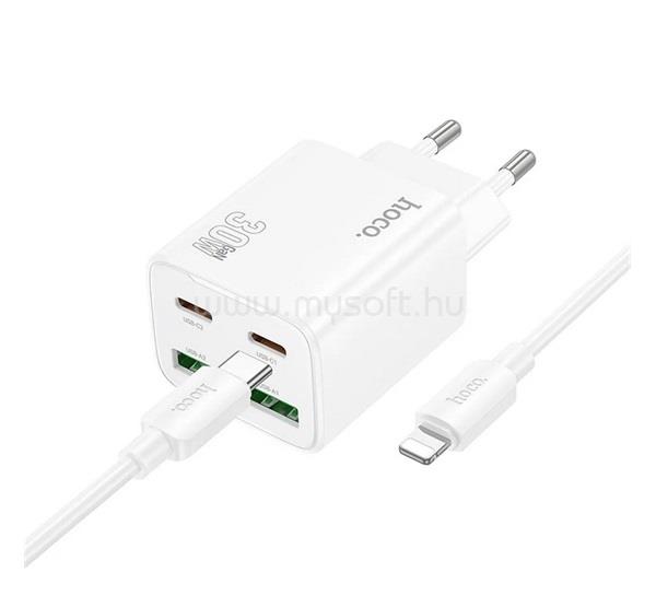 HOCO HOCO N56 hálózati töltő 2 USB+2 Type-C aljzat 30W, PD gyorstöltő 3.0 + lightning kábel, FEHÉR