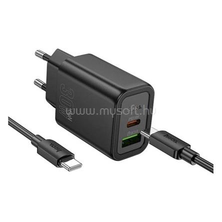 HOCO N63 hálózati töltő USB+Type-C aljzat 30W, PD gyorstöltő 3.0 + Type-C kábel, FEKETE