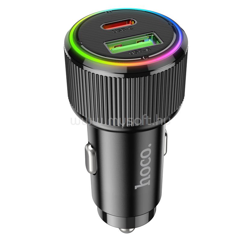 HOCO NZ14A Guerrero USB-C PD20W+ USB-A QC3.0 autós töltő RGB (fekete)