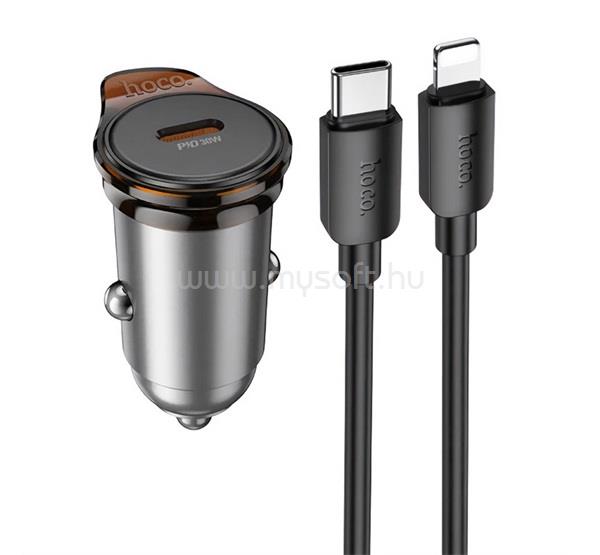 HOCO NZ16 autós töltő Type-C aljzat 30W, PD gyorstöltő + lightning kábel, SÖTÉTSZÜRKE