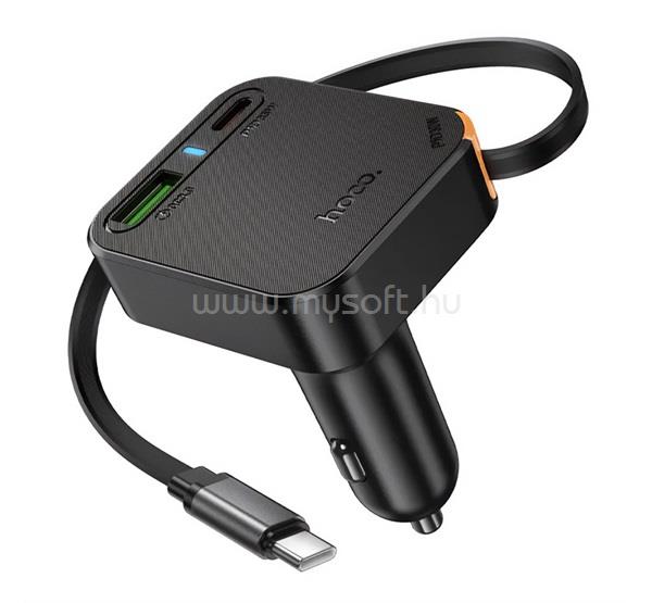 HOCO NZ18 autós töltő USB+Type-C aljzat 65W, PD gyorstöltő 3.0 + fix Type-C kábel, FEKETE