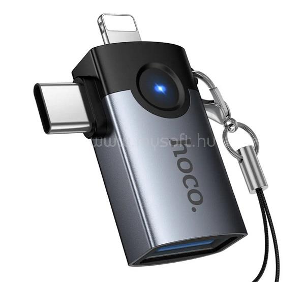HOCO HOCO UA46D adapter 2in1 USB aljzat - Type-C/lightning, adatátvitel és töltés, SÖTÉTSZÜRKE