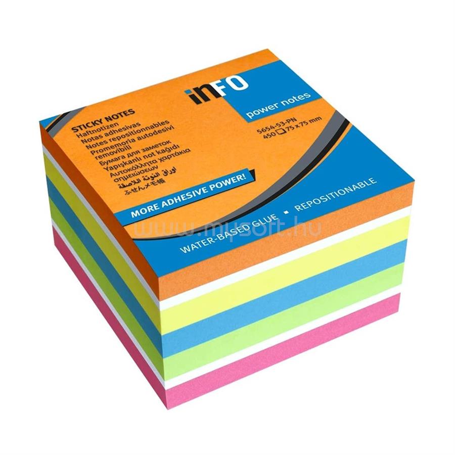 INFO NOTES Jegyzettömb öntapadó, 75x75mm, 450lap, intenzív narancs, sárga, kék, zöld, pink