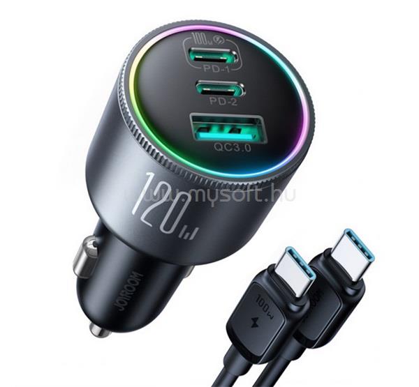 JOYROOM JOYROOM autós töltő USB+2 Type-C aljzat 120W, PD gyorstöltő 3.0 + Type-C kábel, SÖTÉTSZÜRKE