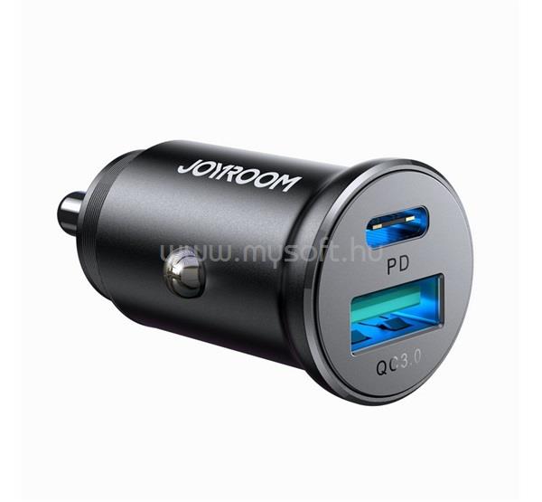 JOYROOM JOYROOM autós töltő USB+Type-C aljzat 30W, PD gyorstöltő, FEKETE