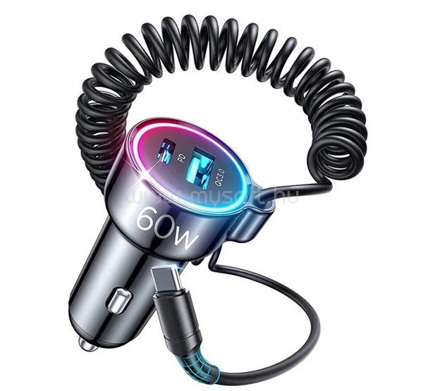 JOYROOM JOYROOM autós töltő USB+Type-C aljzat 55W, PD gyorstöltő 3.0 + fix Type-C kábel, FEKETE