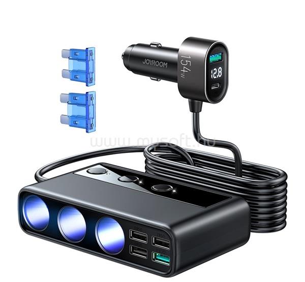 JOYROOM JOYROOM szivargyújtó adapter 3 szivargyújtó+5 USB+Type-C aljzat, LED jelzés, FEKETE
