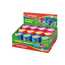 KEYROAD Hegyező 2 lyukú tartályos, fedeles, fém belsővel 12 db/display Robby vegyes színek KEYROAD_38421 small
