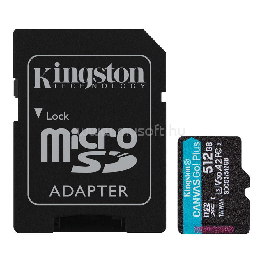 KINGSTON Canvas Go! Plus MicroSDXC 512GB, Class10, UHS-I U3 V30, A2 memóriakártya + adapter