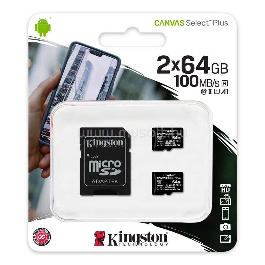 KINGSTON Canvas Select Plus MicroSDXC 64GB.Class10. UHS-I U1, V10 memóriakártya + adapter 2 pack