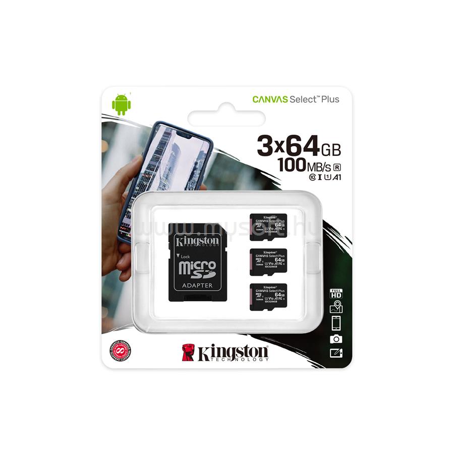 KINGSTON Canvas Select Plus MicroSDXC 64GB.Class10. UHS-I U1, V10 memóriakártya + adapter 3 pack