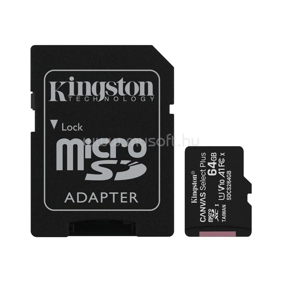 KINGSTON Canvas Select Plus MicroSDXC 64GB.Class10. UHS-I U1, V10 memóriakártya + adapter