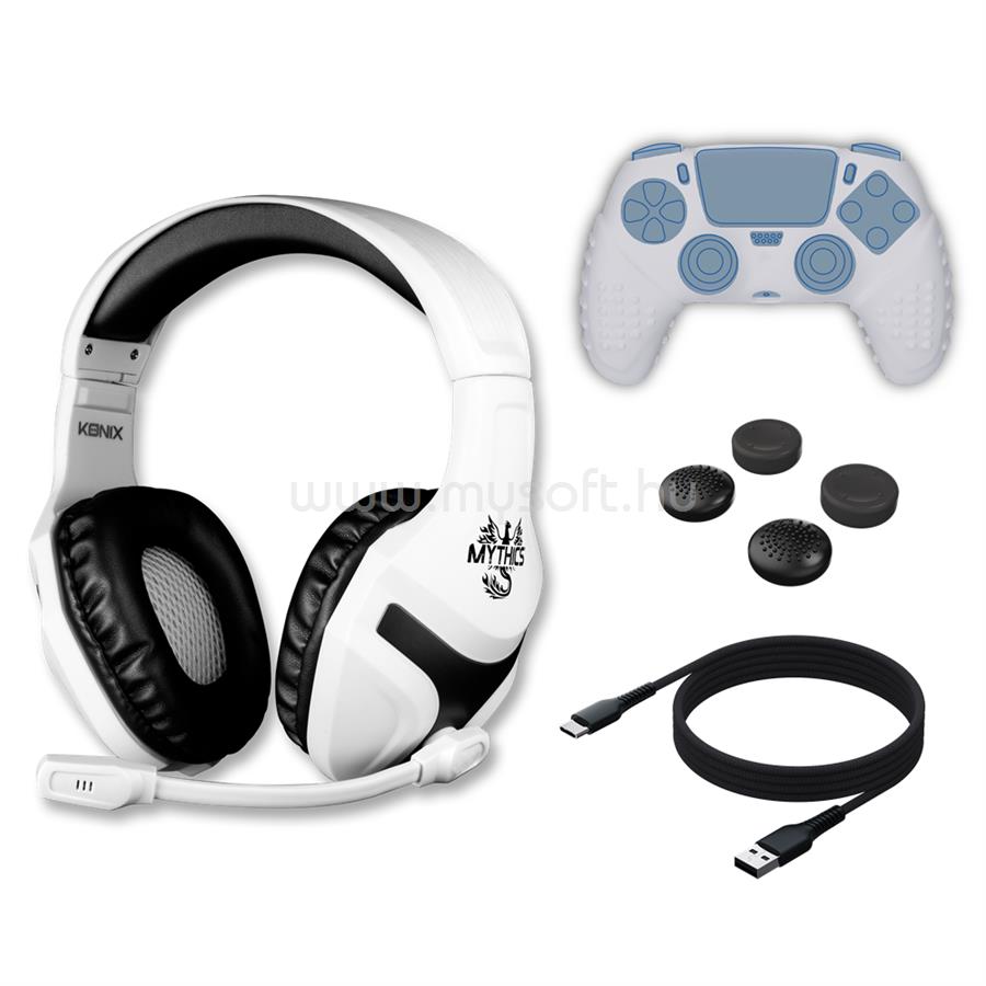 KONIX KX-SP-PS5 MYTHICS PS5 Kezdő csomag (Headset + Töltő kábel + Thumb Grip + Kontroller védő), Fehér