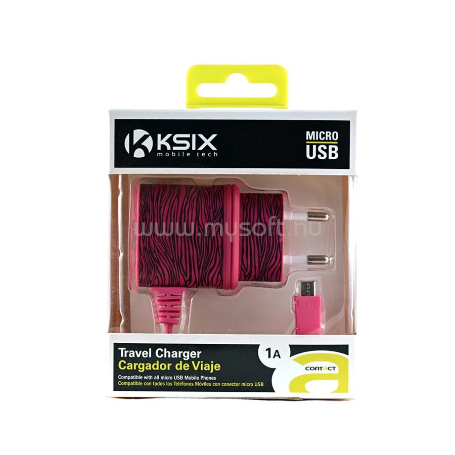KSIX Fali töltő micro USB-vel; 1A - Pink Zebra