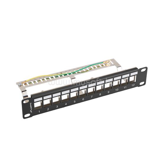 LANBERG Üres patch panel 12 port 1U 10" FTP, árnyékolt, tehermentesítővel, fekete V2