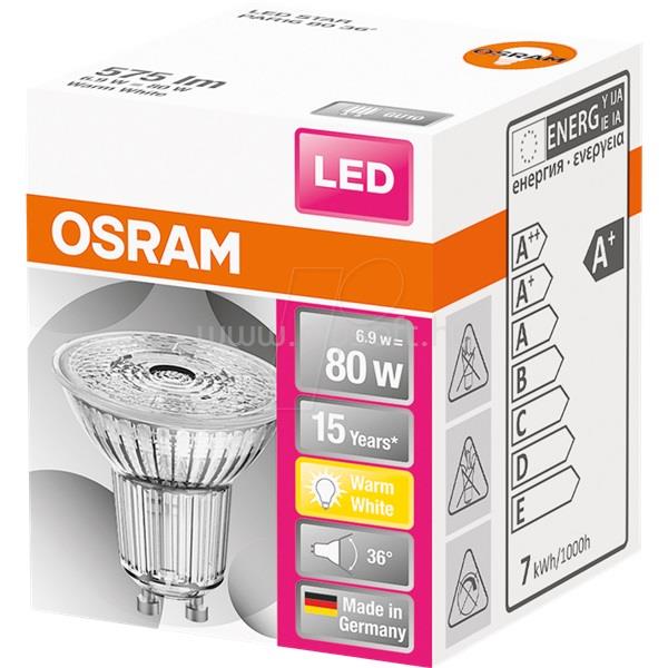 LEDVANCE Osram Star PAR16 üveg ház/6,9W/575lm/2700K/GU10/230V/36fok/83lm/W LED spot izzó