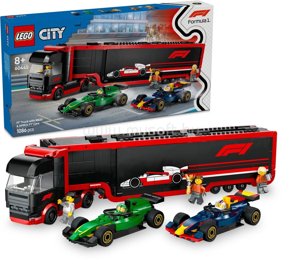 LEGO City F1-es kamion, RB20 és AMR24 F1R-es autókkal, játék versenyautó-szállítót tartalmazó szett 60445