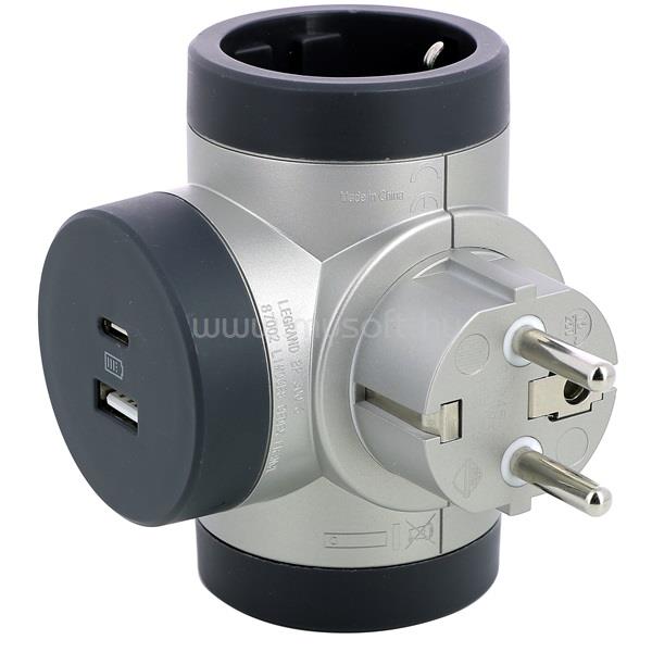 LEGRAND 694524 kettős USB-A + USB-C alumínium forgatható 2P+F elosztódugó