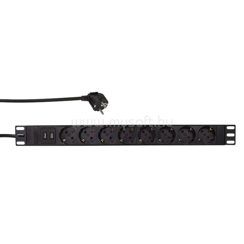 LOGILINK 19" PDU 8-as CEE 7/3 + 2x USB-A, túlterhelés elleni védelemmel