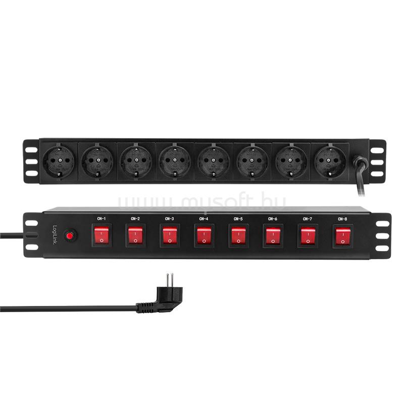 LOGILINK 19" PDU 8 x CEE 7/3 biztonsági aljzat, mindegyik aljzat be-/kikapcsolóval