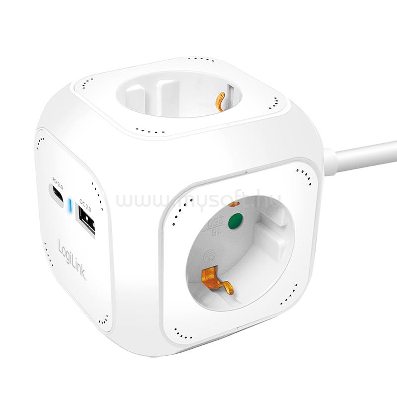LOGILINK 4-utas töltőkocka, 4x aljzat, 1x USB-C PD 20W, 1x USB-A QC 18W (fehér)