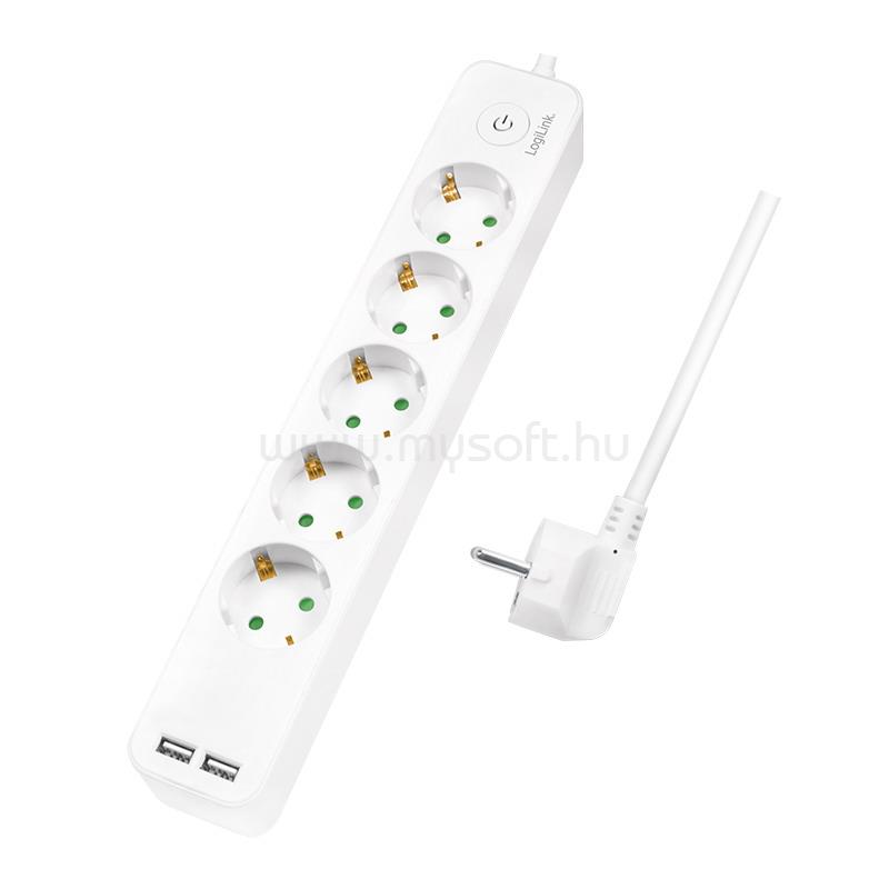 LOGILINK Aljzat 5-ös + kapcsoló, 5x CEE 7/3 + 2x USB-A, 1,5 m, fehér