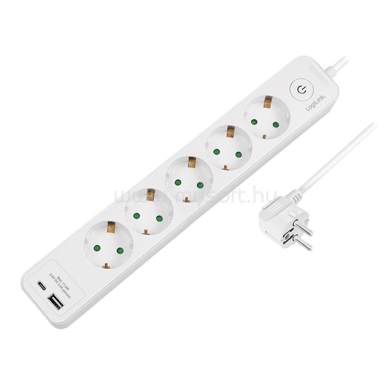 LOGILINK Aljzat 5-utas + kapcsoló, 5x CEE 7/3, 1x USB-A, 1x USB-C, 1,5 m (fehér)