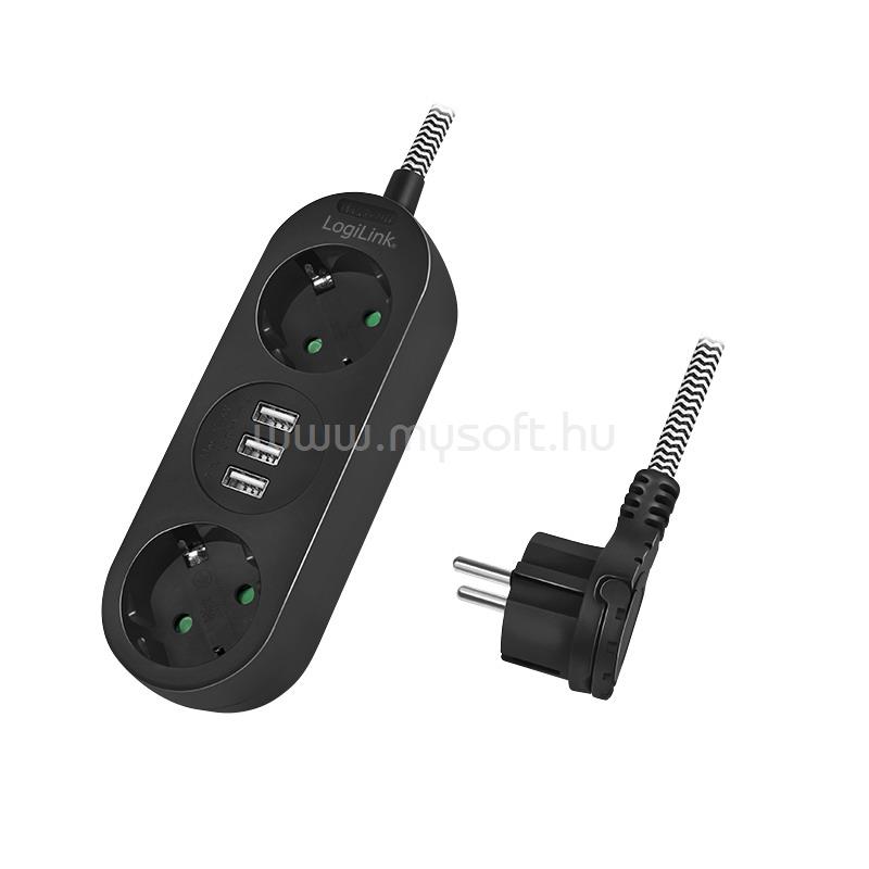 LOGILINK Elosztó 2-es, 2x CEE 7/3 + 3x USB-A, textil kábel, fekete