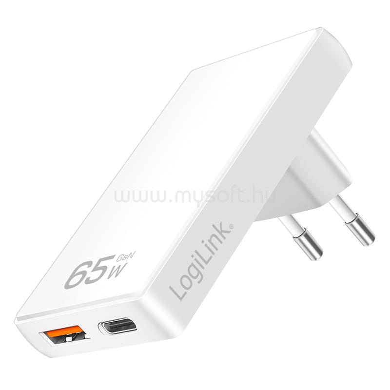 LOGILINK Kettős USB aljzat adapter, GaN, 65 W, USB-A, USB-C, extra vékony (fehér)
