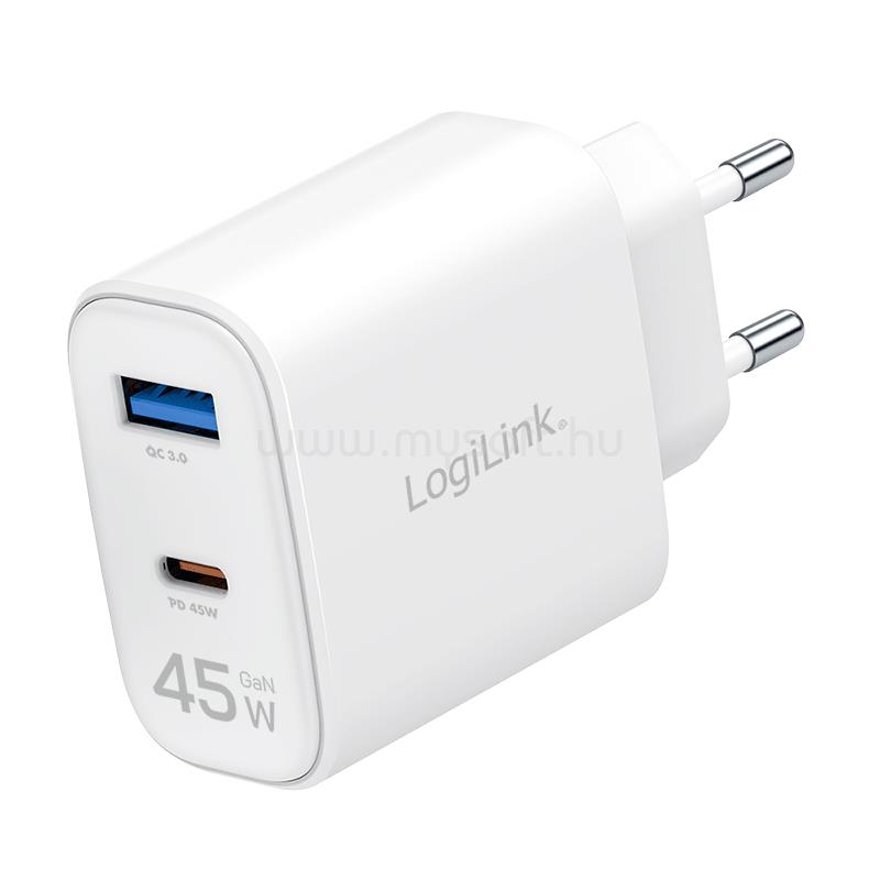 LOGILINK Kettős USB aljzatú adapter, 45 W, GaN, 1x USB-A, 1x USB-C (fehér)