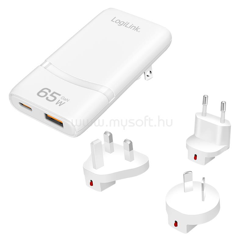 LOGILINK Kettős USB GaN utazó töltő, 65W, extra vékony, 1x USB-C (PD), 1x USB-A (QC), fehér