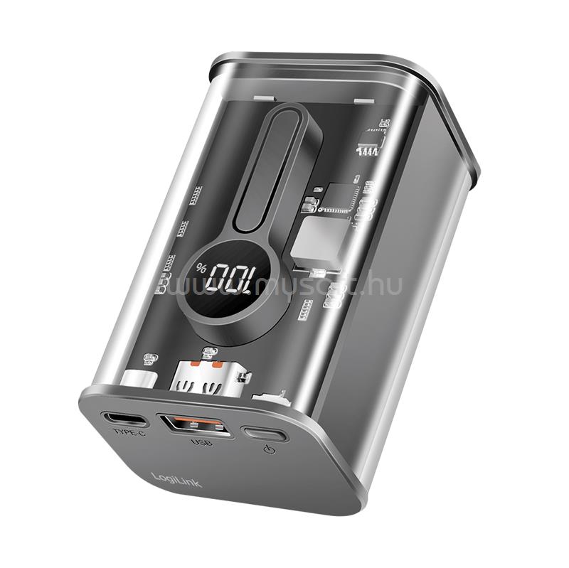 LOGILINK Powerbank 10000 mAh, 1x USB-A, 1x USB-C, kijelzővel, PD & QC, transzp.