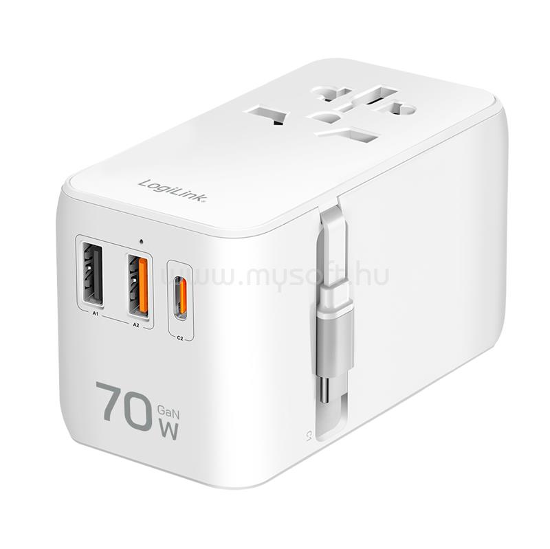 LOGILINK Univerzális utazó tápegység, 70 W (PD), 4x csatlakozások + kábel, tűzálló (fehér)