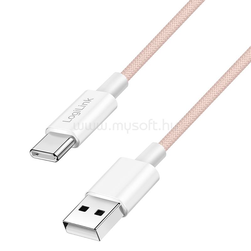 LOGILINK USB 2.0 Type-C kábel, C/M - A/M, 480 Mbps, 60W, nejlon, rózsaszín, 1 m