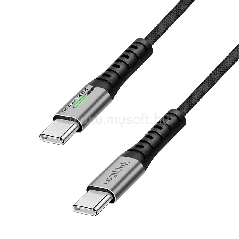 LOGILINK USB 2.0 Type-C kábel, C/M - C/M, 480 Mbps, 100W, LED, nejlon, fém, fekete, 0,3 m