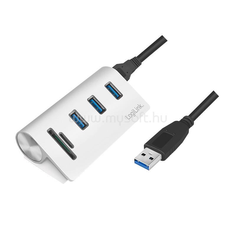 LOGILINK USB 3.0 hub, 3 portos, kártyaolvasóval SD/microSD-hez, alumínium