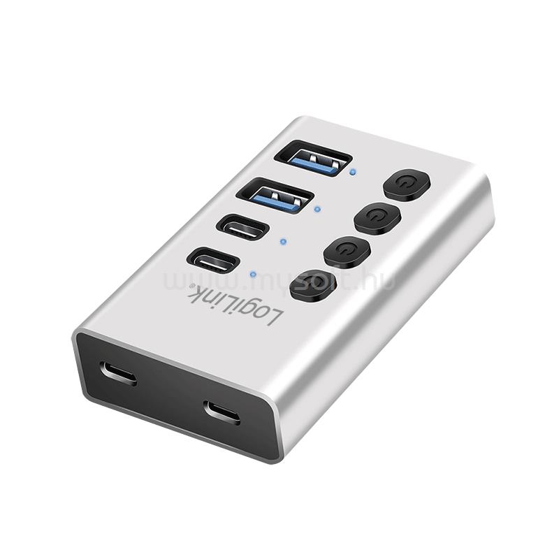 LOGILINK USB 3.2 Gen1 hub, 4 port kábellel/adapterrel, USB-A/C, ki/be kapcsoló, alumínium